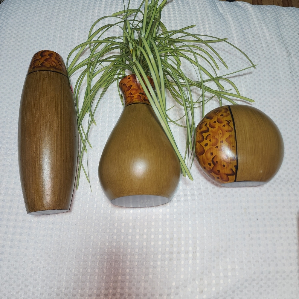 WOODEN VASES SET OF 3 WITH ARTIFICIAL PLANT DECORATIVE DECOR
